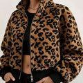 Women's Leopard Print Teddy Fleece Jacket – Soft Plush Zip-Up Coat for Fall & Winter Casual Wear