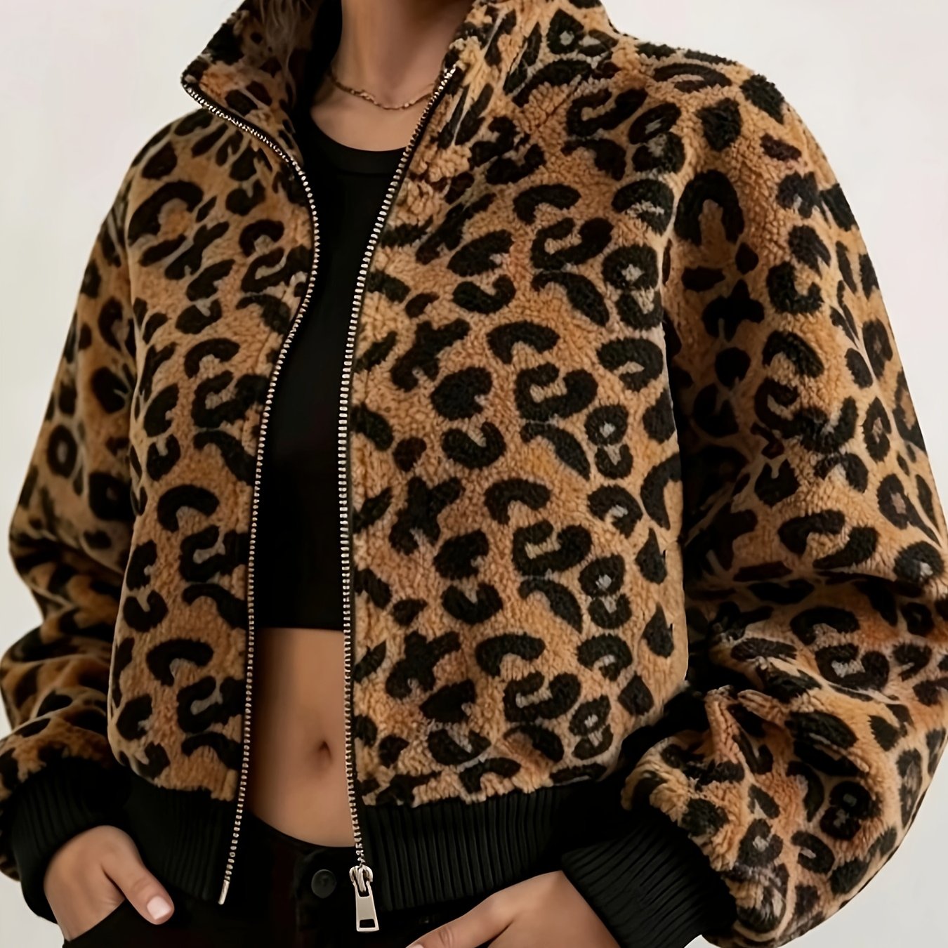 Women's Leopard Print Teddy Fleece Jacket – Soft Plush Zip-Up Coat for Fall & Winter Casual Wear