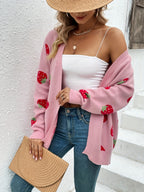 Women's Strawberry Print Open Front Cardigan – Lightweight Long Sleeve Knit Sweater for Casual Spring, Summer & Fall Wear