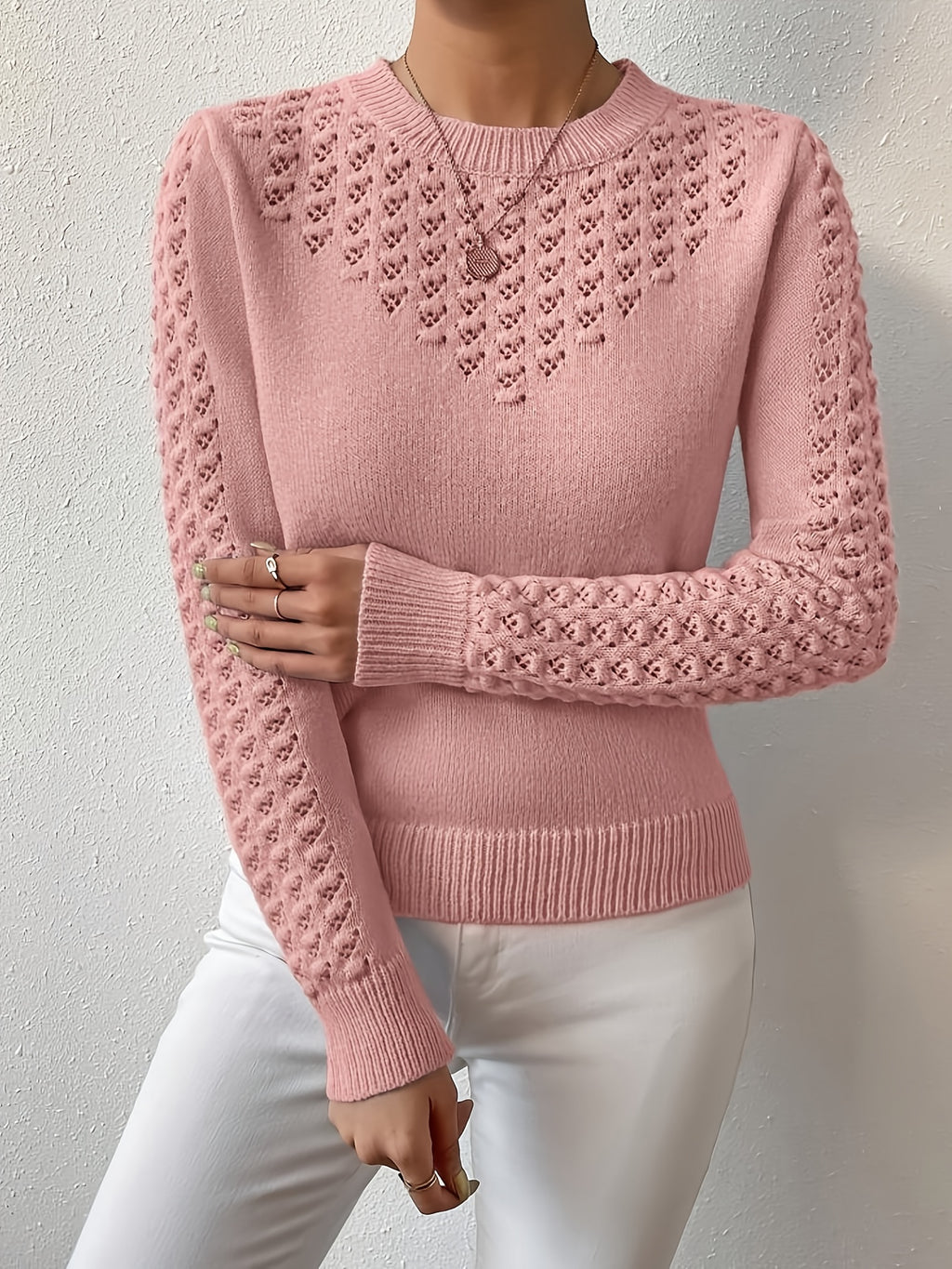Women's Hollow Knit Cropped Sweater – Lightweight Crew Neck Pullover for Spring, Summer & Fall Casual Wear