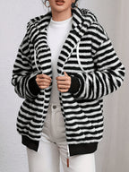 Women's Soft Fleece Zip-Up Jacket with Stripes and a Hood for Casual Fall and Winter Wear
