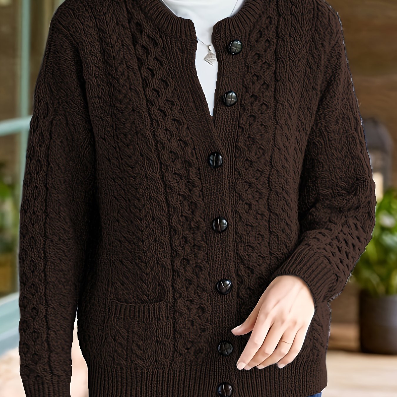 Women's Cable Knit Button Cardigan – Soft Crew Neck Long Sleeve Sweater for Casual Fall & Winter Wear