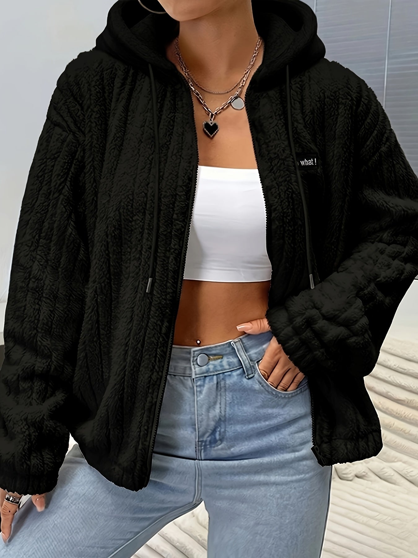 Women's Hooded Teddy Fleece Jacket – Soft Zip-Up Plush Cardigan with Pockets for Fall & Winter Casual Wear