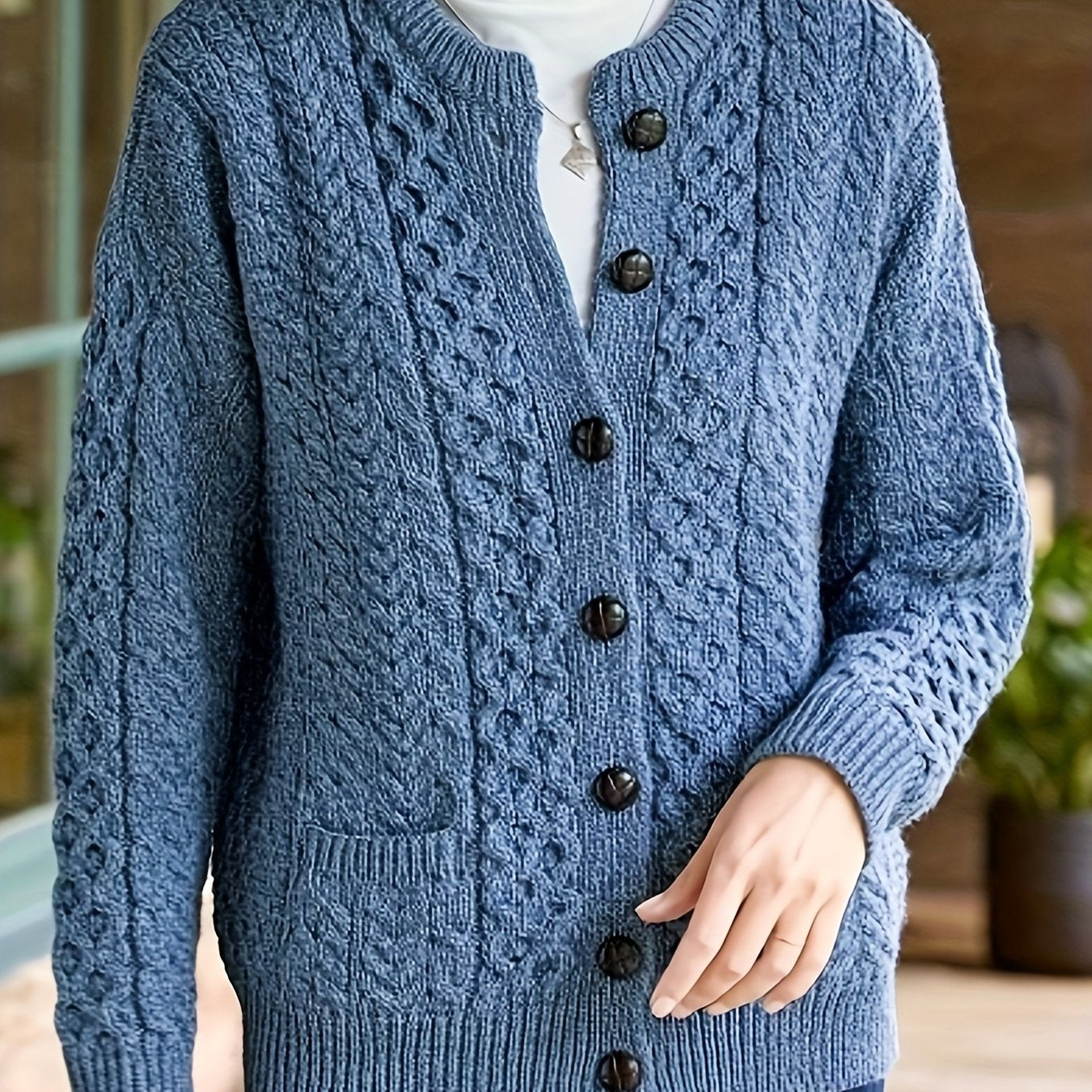 Women's Cable Knit Button Cardigan – Soft Crew Neck Long Sleeve Sweater for Casual Fall & Winter Wear