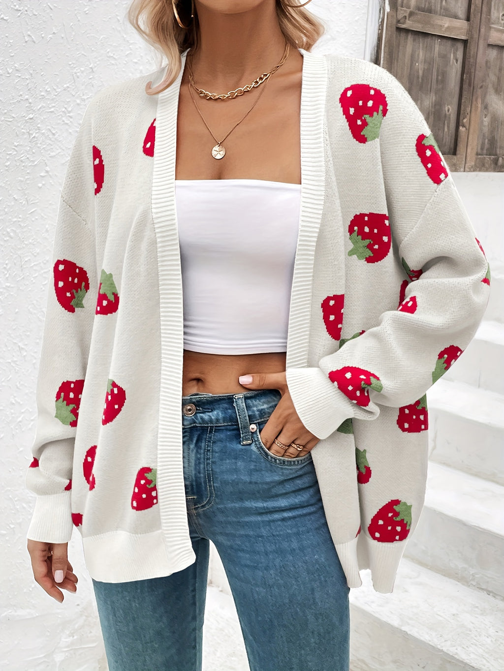 Women's Strawberry Print Open Front Cardigan – Lightweight Long Sleeve Knit Sweater for Casual Spring, Summer & Fall Wear