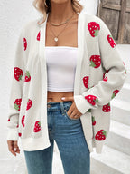Women's Strawberry Print Open Front Cardigan – Lightweight Long Sleeve Knit Sweater for Casual Spring, Summer & Fall Wear