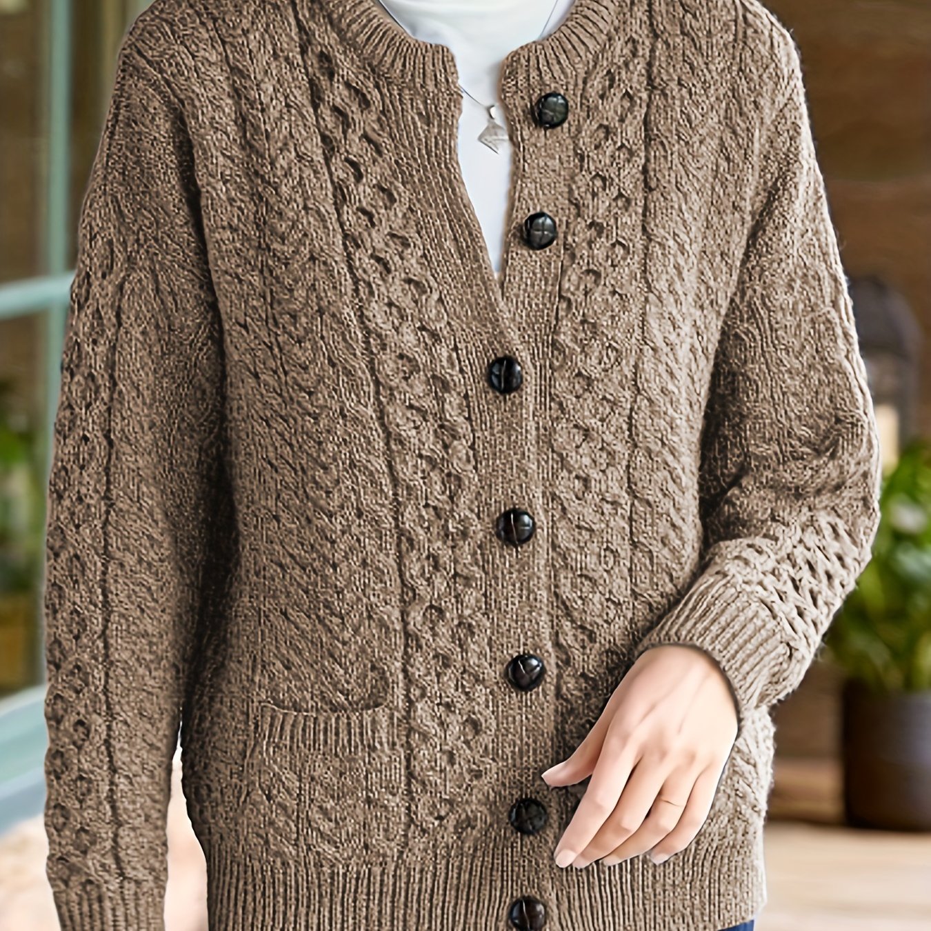 Women's Cable Knit Button Cardigan – Soft Crew Neck Long Sleeve Sweater for Casual Fall & Winter Wear