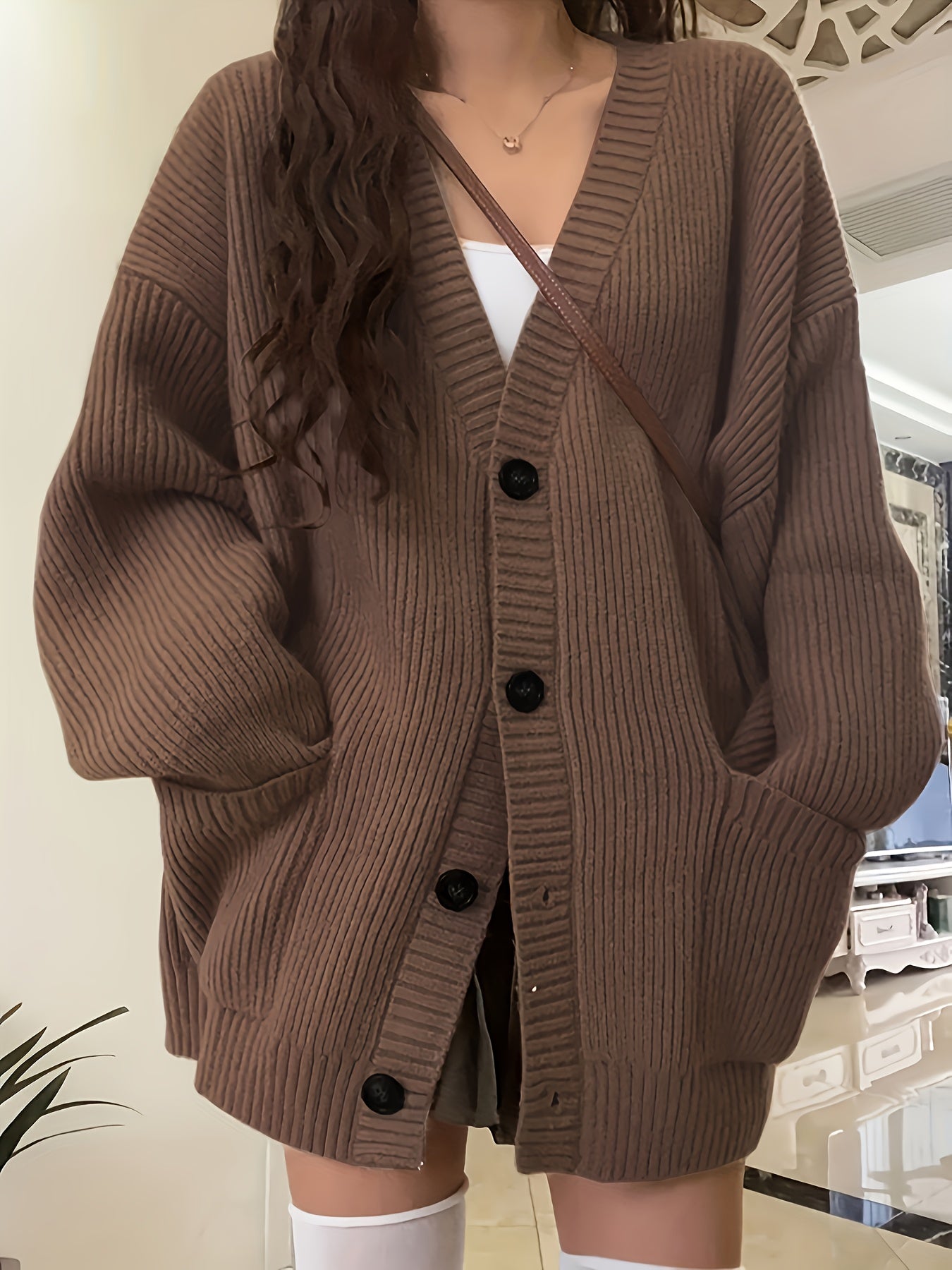 Women's Oversized V-Neck Knit Cardigan – Button Front Soft Sweater for Casual Fall & Winter Layering