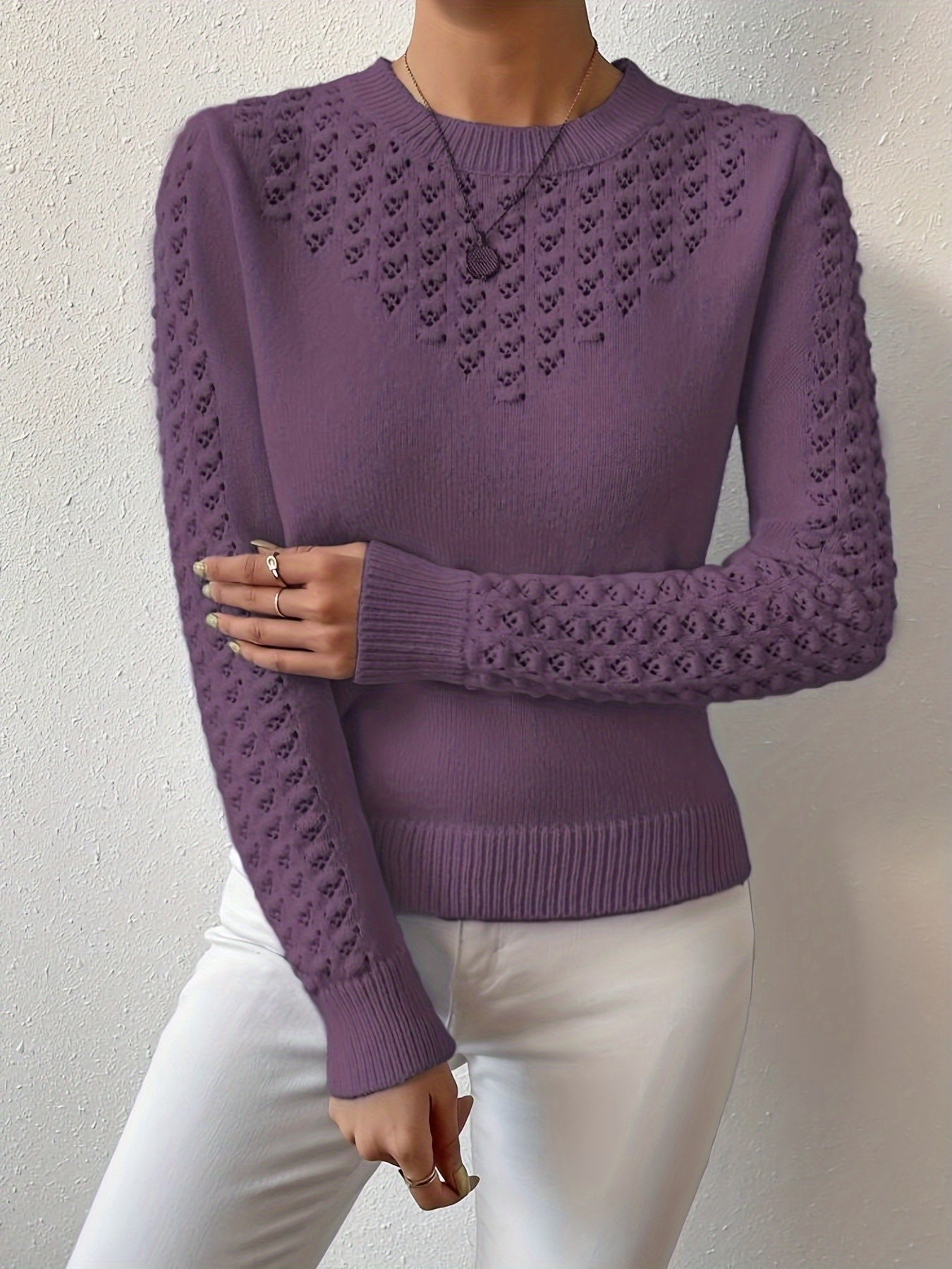 Women's Hollow Knit Cropped Sweater – Lightweight Crew Neck Pullover for Spring, Summer & Fall Casual Wear
