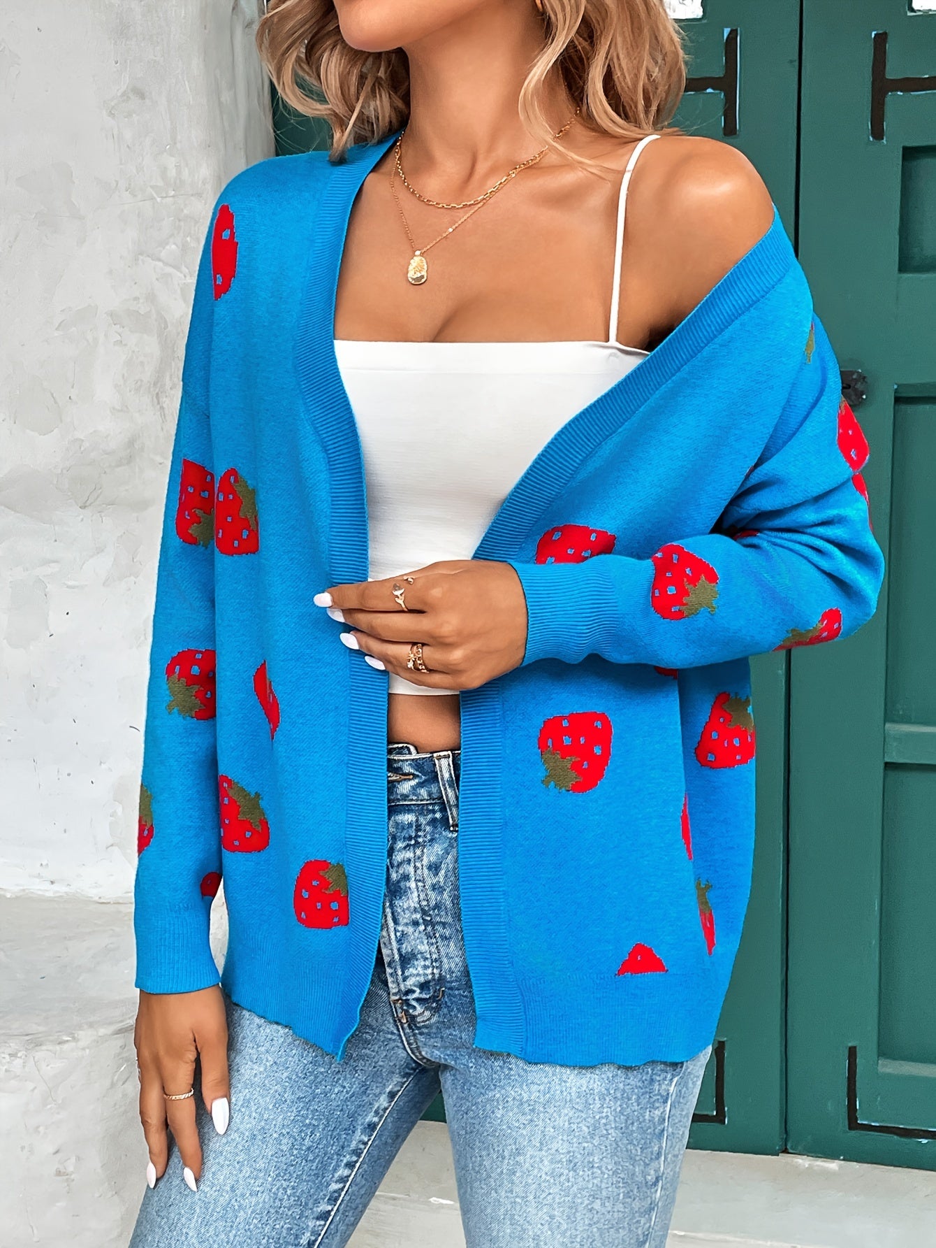 Women's Strawberry Print Open Front Cardigan – Lightweight Long Sleeve Knit Sweater for Casual Spring, Summer & Fall Wear