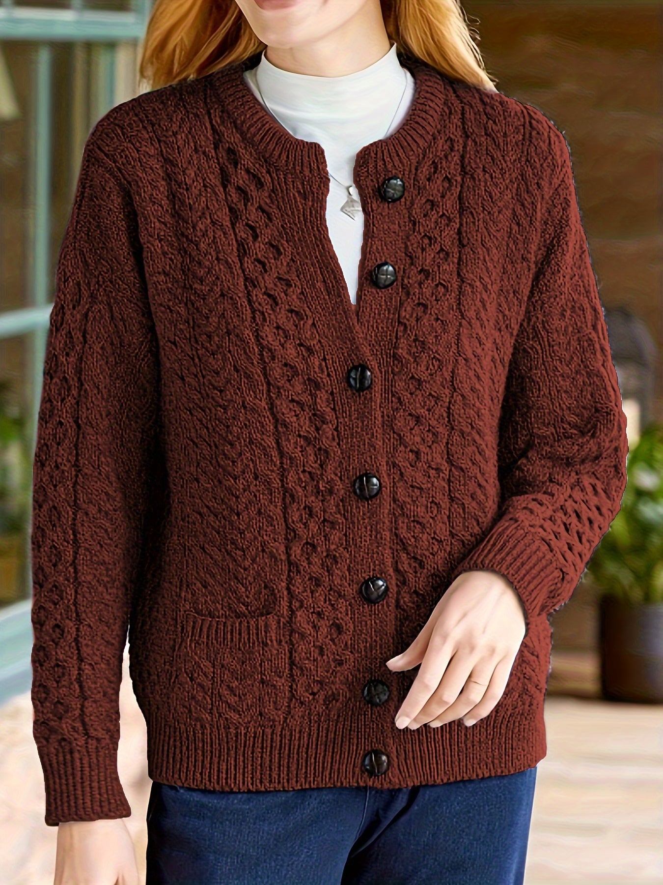 Women's Cable Knit Button Cardigan – Soft Crew Neck Long Sleeve Sweater for Casual Fall & Winter Wear