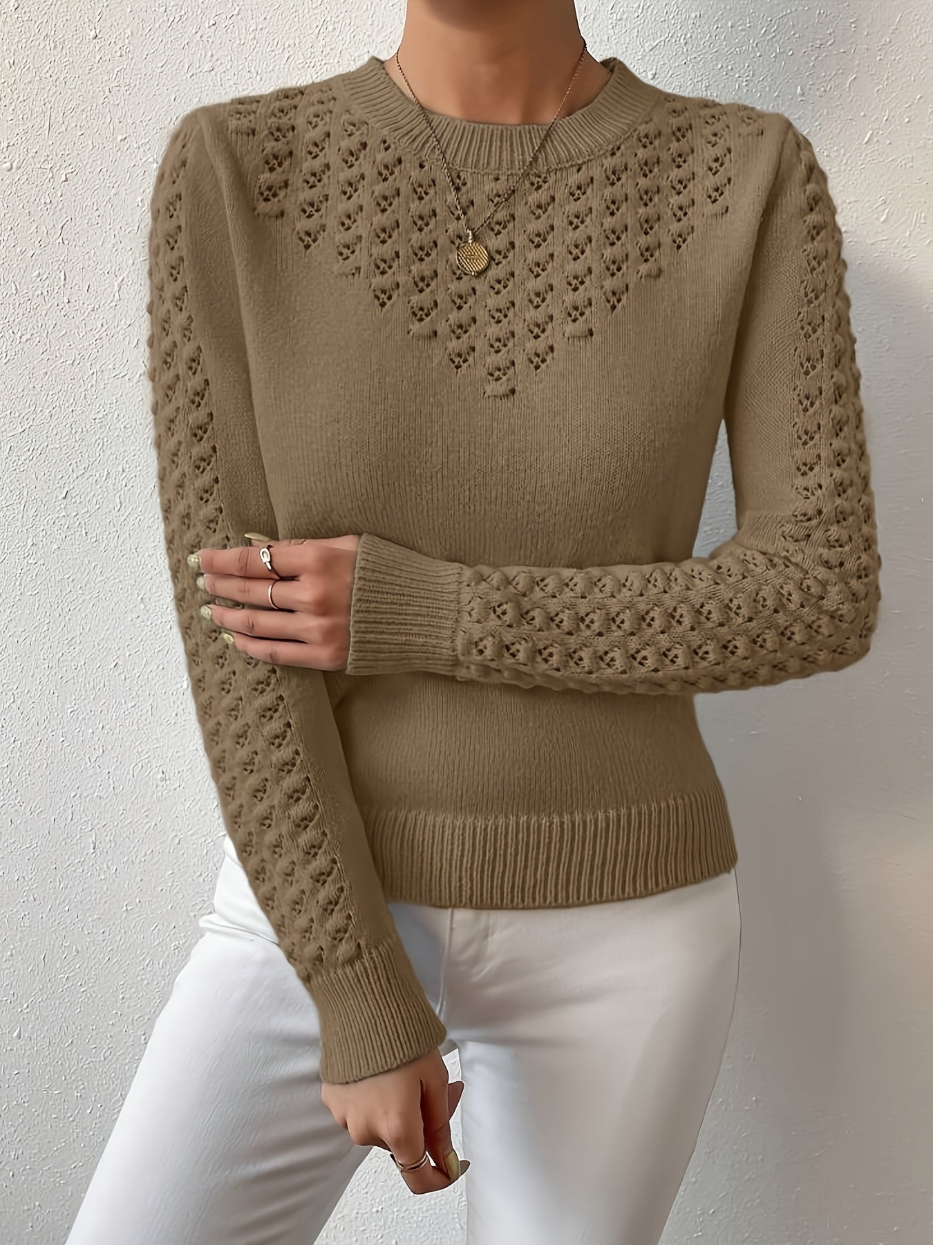 Women's Hollow Knit Cropped Sweater – Lightweight Crew Neck Pullover for Spring, Summer & Fall Casual Wear