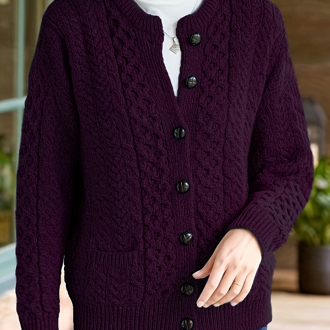 Women's Cable Knit Button Cardigan – Soft Crew Neck Long Sleeve Sweater for Casual Fall & Winter Wear