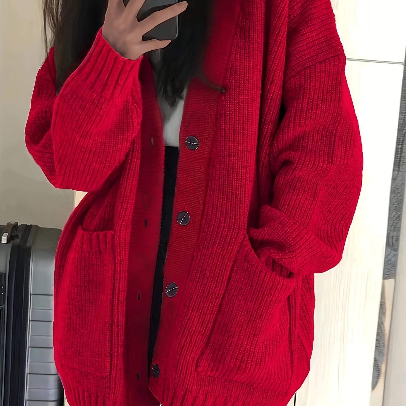Women's Oversized V-Neck Knit Cardigan – Button Front Soft Sweater for Casual Fall & Winter Layering
