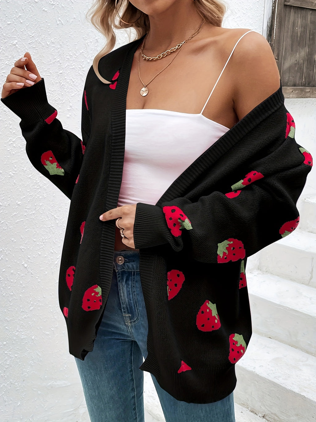 Women's Strawberry Print Open Front Cardigan – Lightweight Long Sleeve Knit Sweater for Casual Spring, Summer & Fall Wear