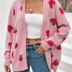 Women's Strawberry Print Open Front Cardigan – Lightweight Long Sleeve Knit Sweater for Casual Spring, Summer & Fall Wear