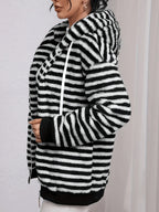 Women's Soft Fleece Zip-Up Jacket with Stripes and a Hood for Casual Fall and Winter Wear