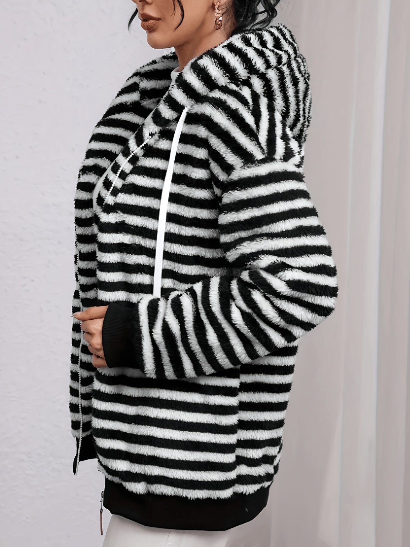 Women's Soft Fleece Zip-Up Jacket with Stripes and a Hood for Casual Fall and Winter Wear