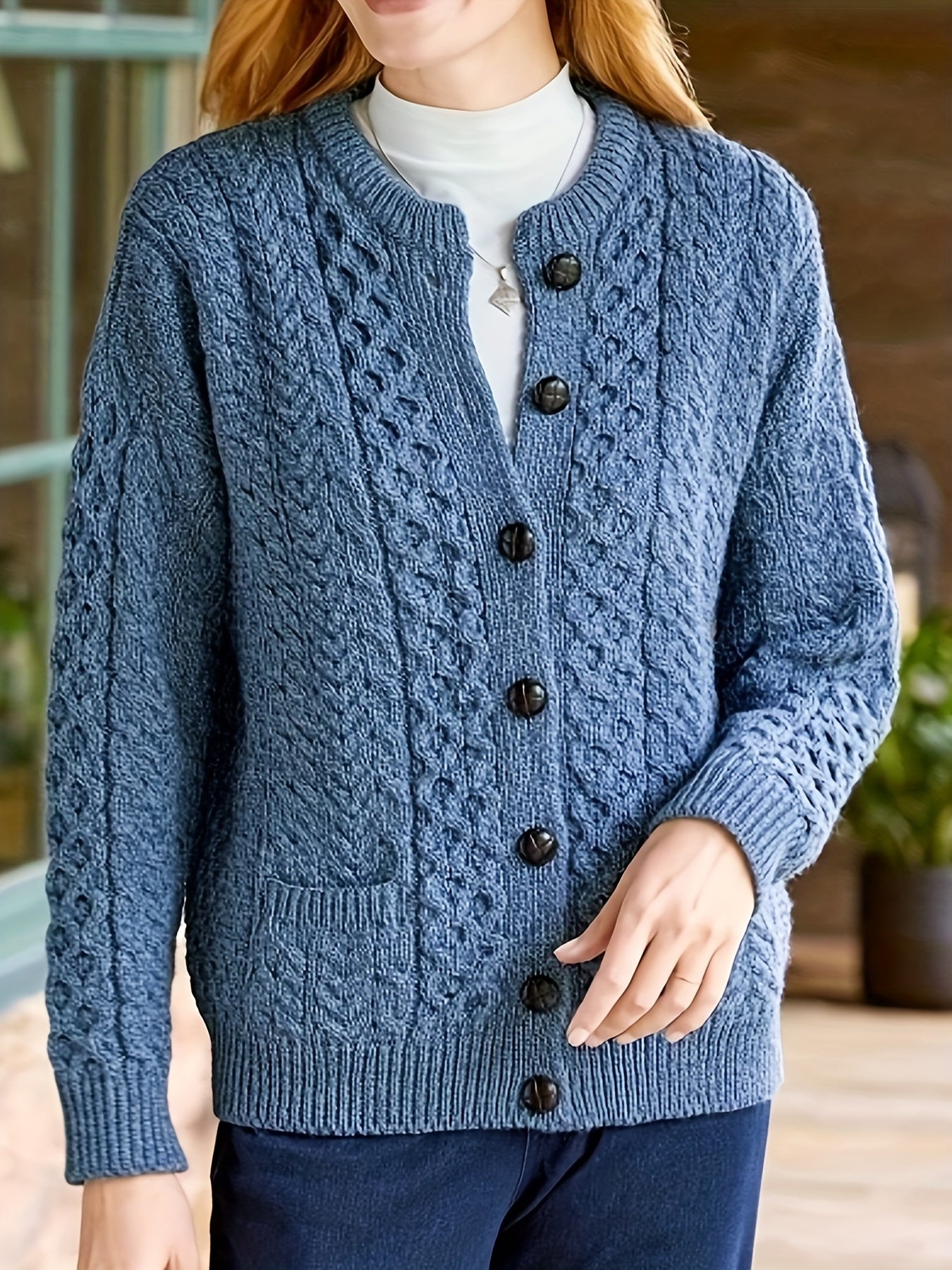 Women's Cable Knit Button Cardigan – Soft Crew Neck Long Sleeve Sweater for Casual Fall & Winter Wear