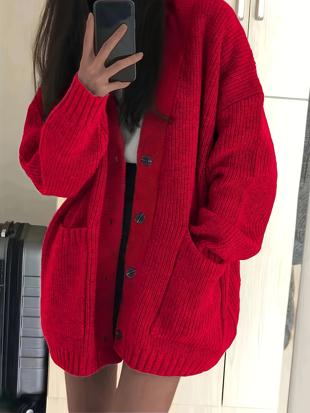 Women's Oversized V-Neck Knit Cardigan – Button Front Soft Sweater for Casual Fall & Winter Layering