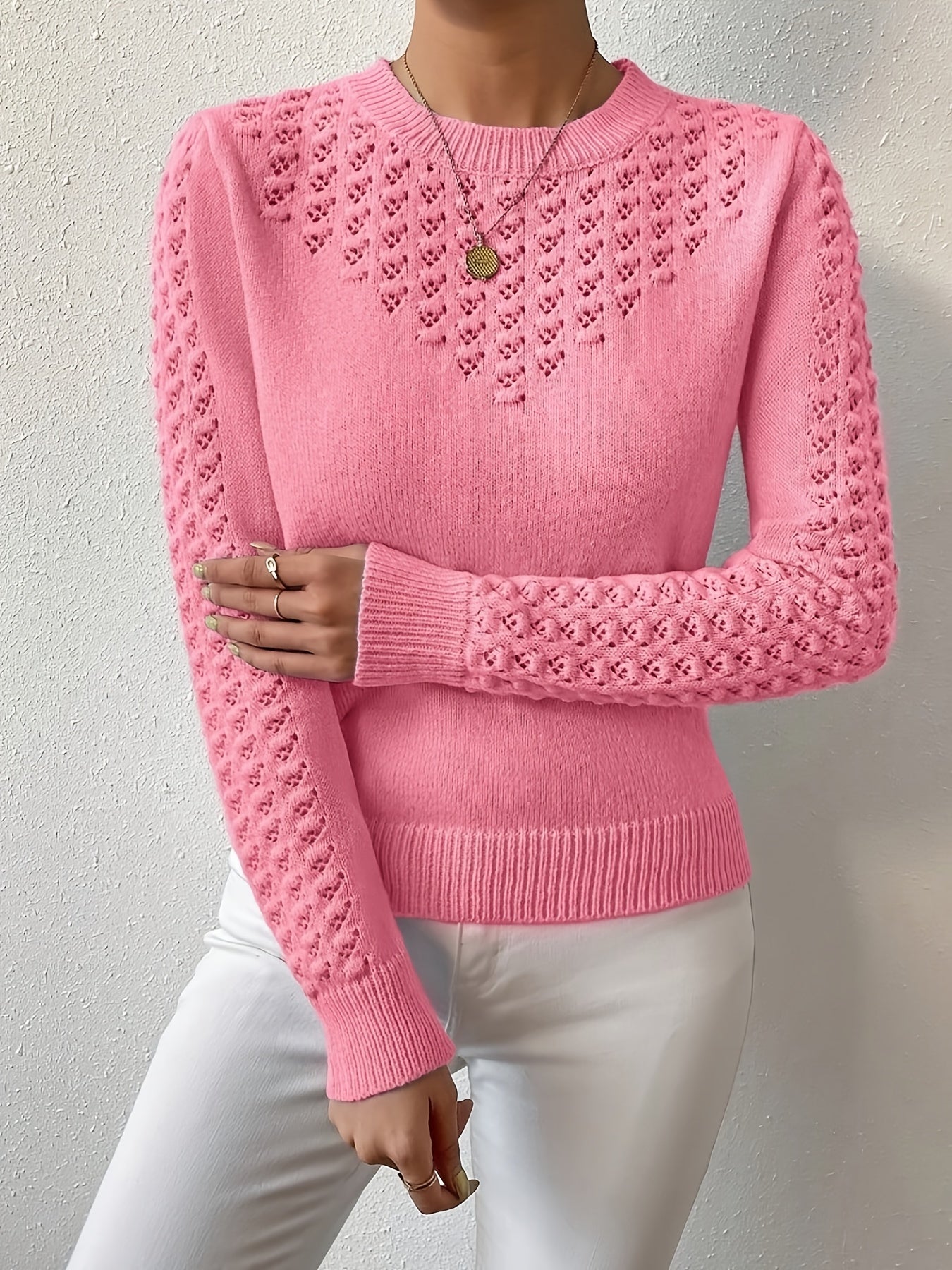 Women's Hollow Knit Cropped Sweater – Lightweight Crew Neck Pullover for Spring, Summer & Fall Casual Wear