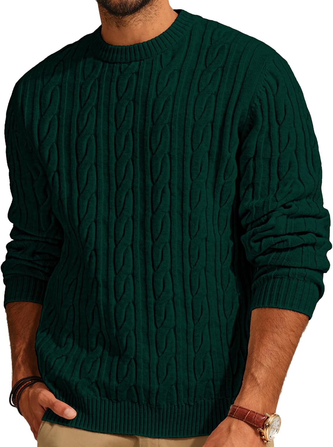Men's Soft Textured Pullover Knit Jumper with Cable Knit Crew Neck Sweater