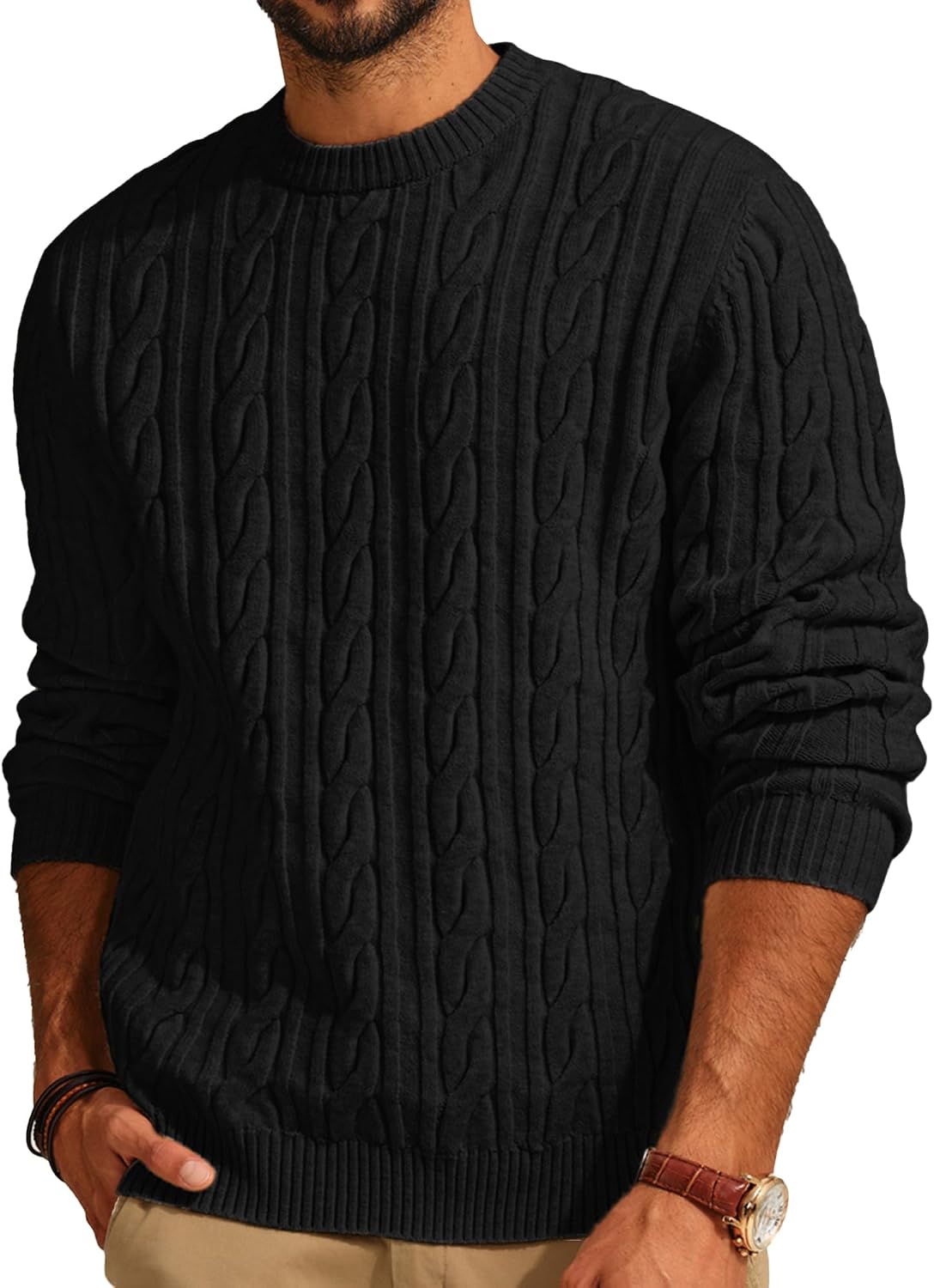 Men's Soft Textured Pullover Knit Jumper with Cable Knit Crew Neck Sweater