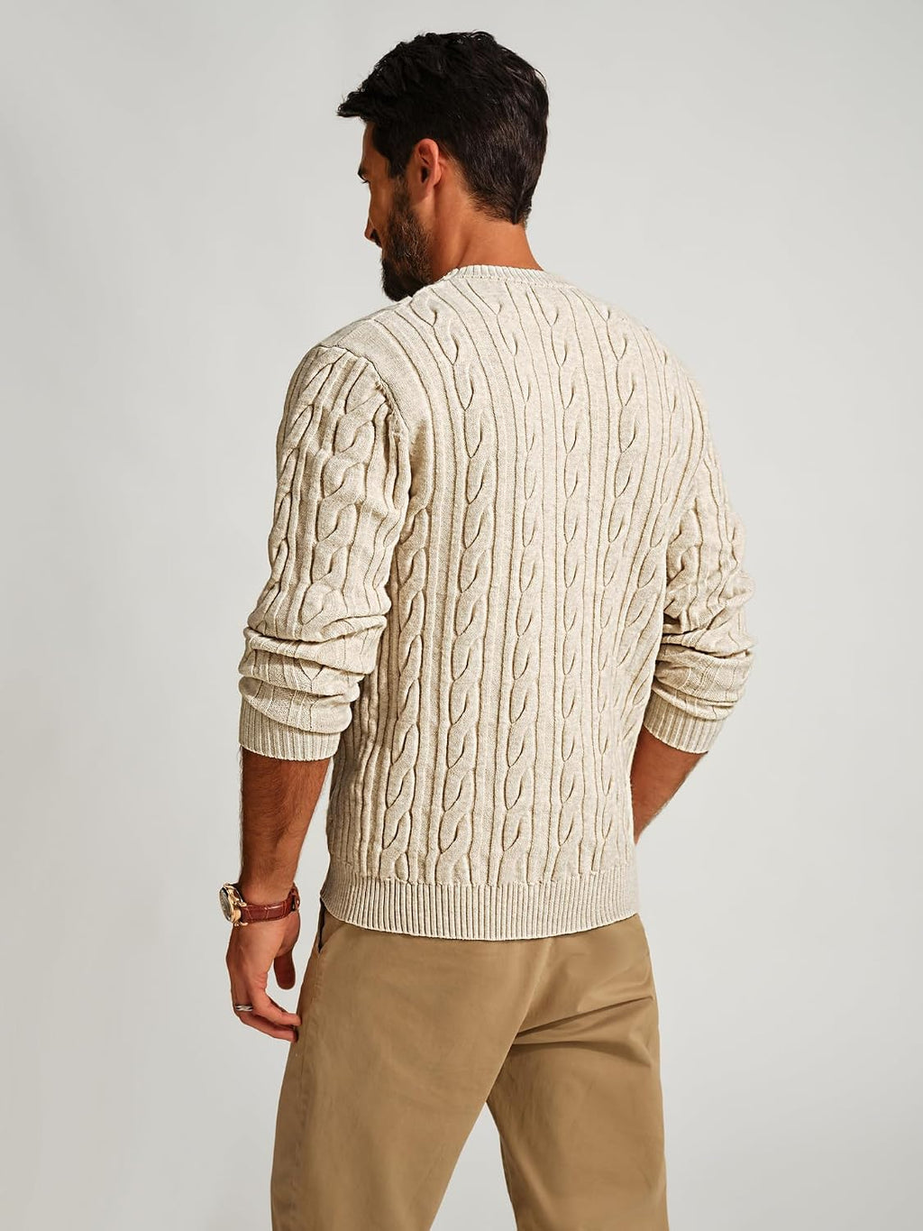 Men's Soft Textured Pullover Knit Jumper with Cable Knit Crew Neck Sweater