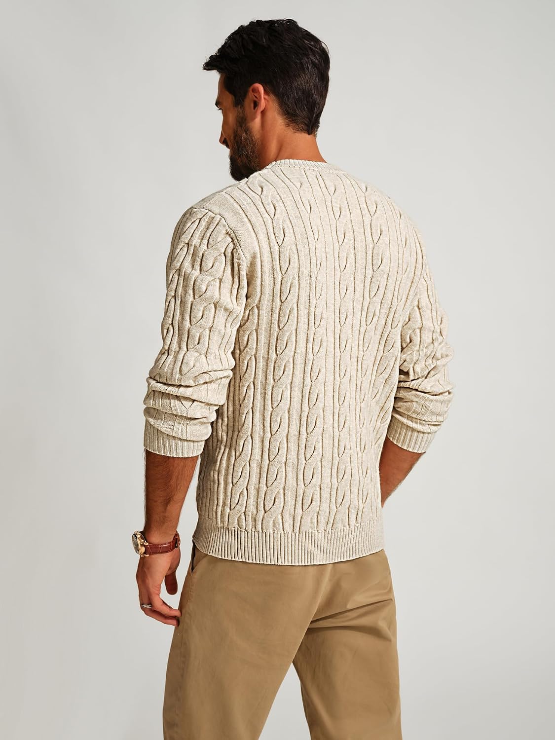 Men's Soft Textured Pullover Knit Jumper with Cable Knit Crew Neck Sweater