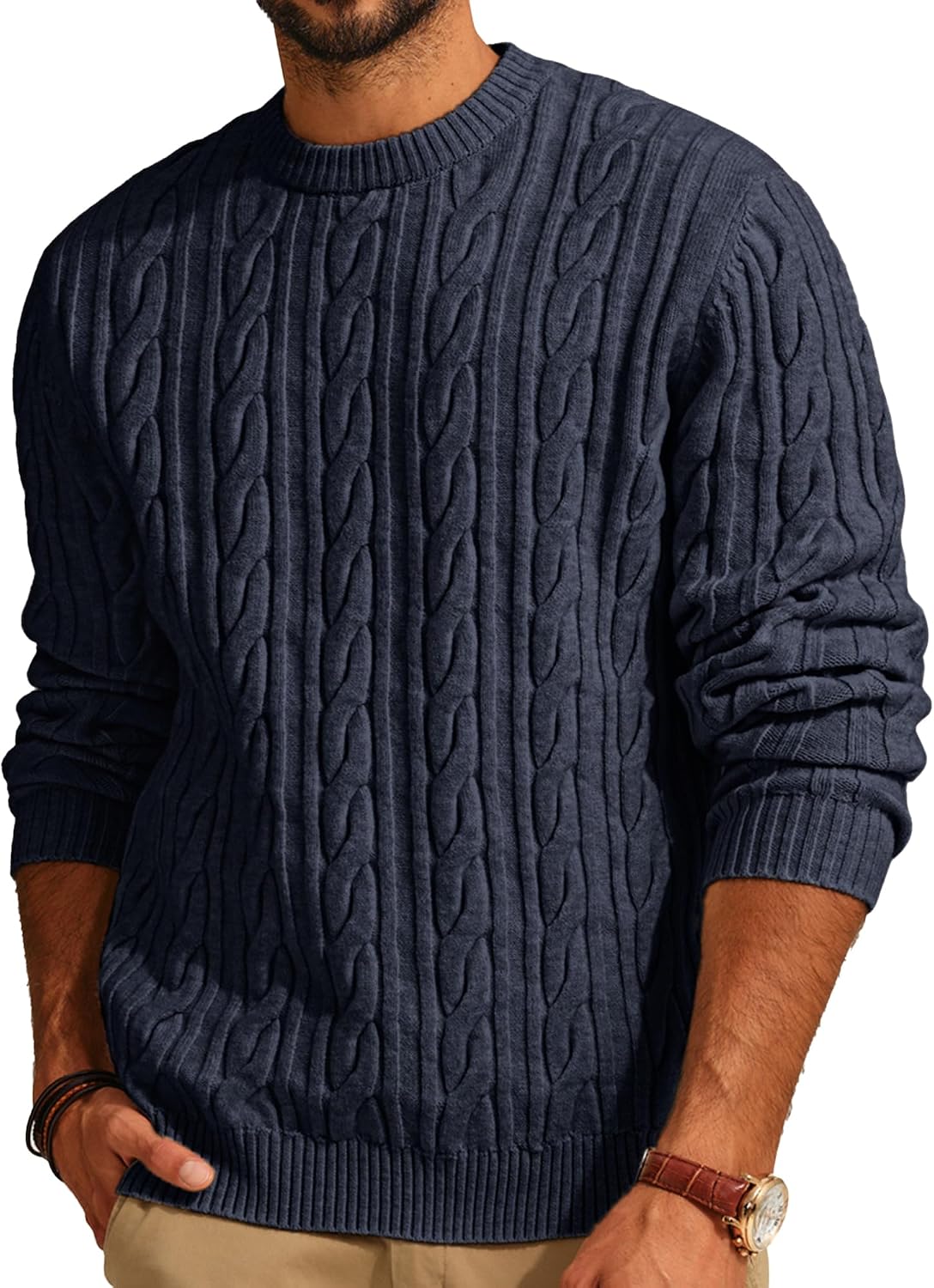 Men's Soft Textured Pullover Knit Jumper with Cable Knit Crew Neck Sweater