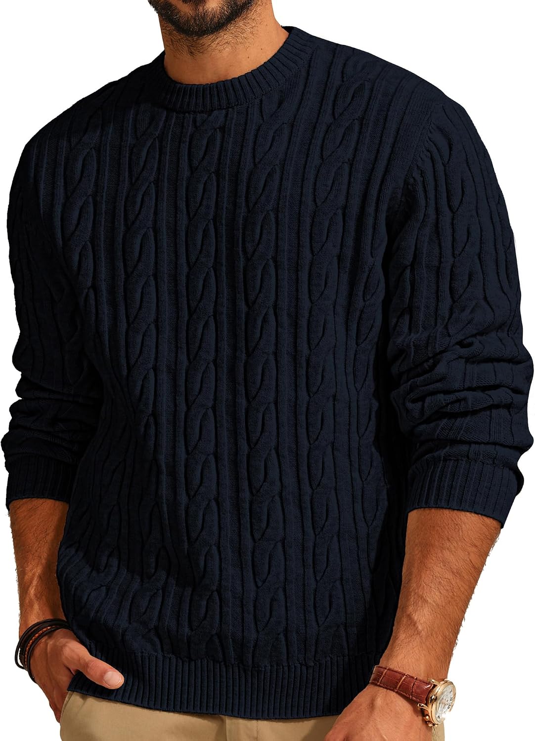 Men's Soft Textured Pullover Knit Jumper with Cable Knit Crew Neck Sweater