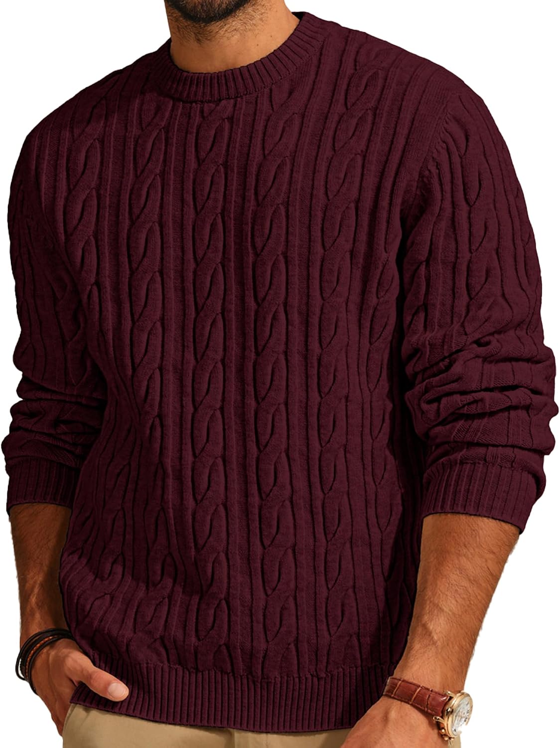 Men's Soft Textured Pullover Knit Jumper with Cable Knit Crew Neck Sweater
