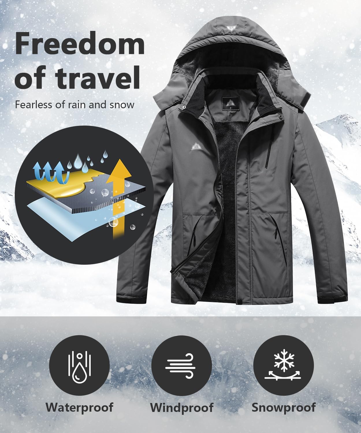 Men's Windproof Fleece-Lined Hooded Mountain Ski Jacket for Hiking, Snowboarding, and Outdoor Activities