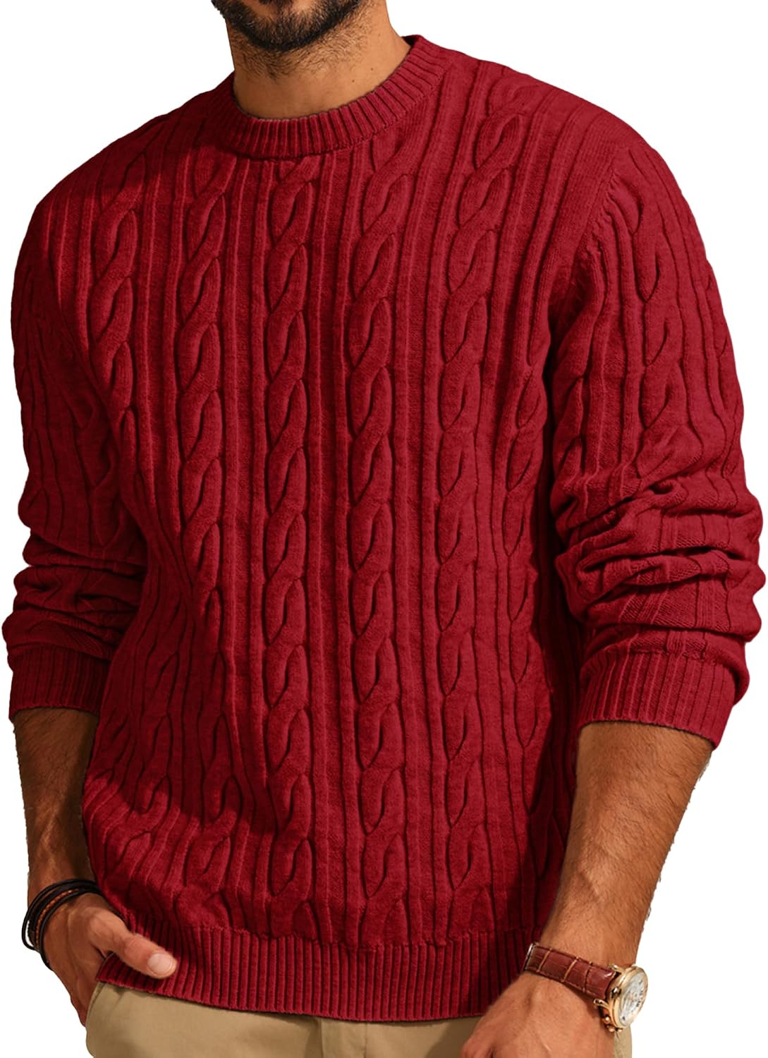 Men's Soft Textured Pullover Knit Jumper with Cable Knit Crew Neck Sweater