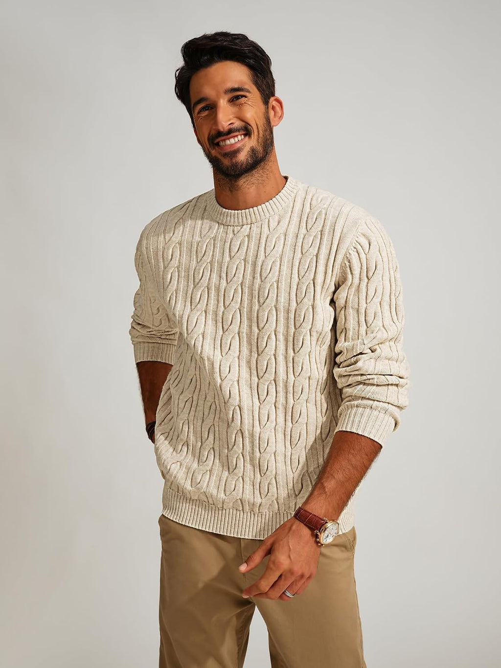 Men's Soft Textured Pullover Knit Jumper with Cable Knit Crew Neck Sweater