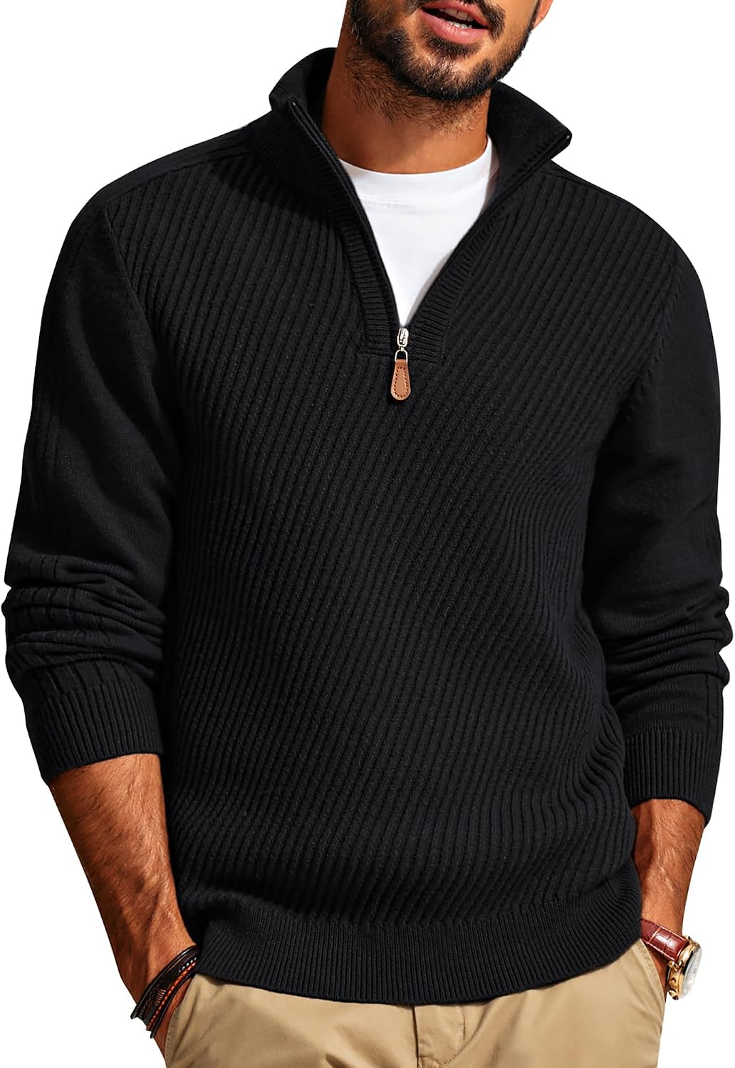 Men's Long Sleeve Textured Pullover with Quarter Zip Knit Sweater