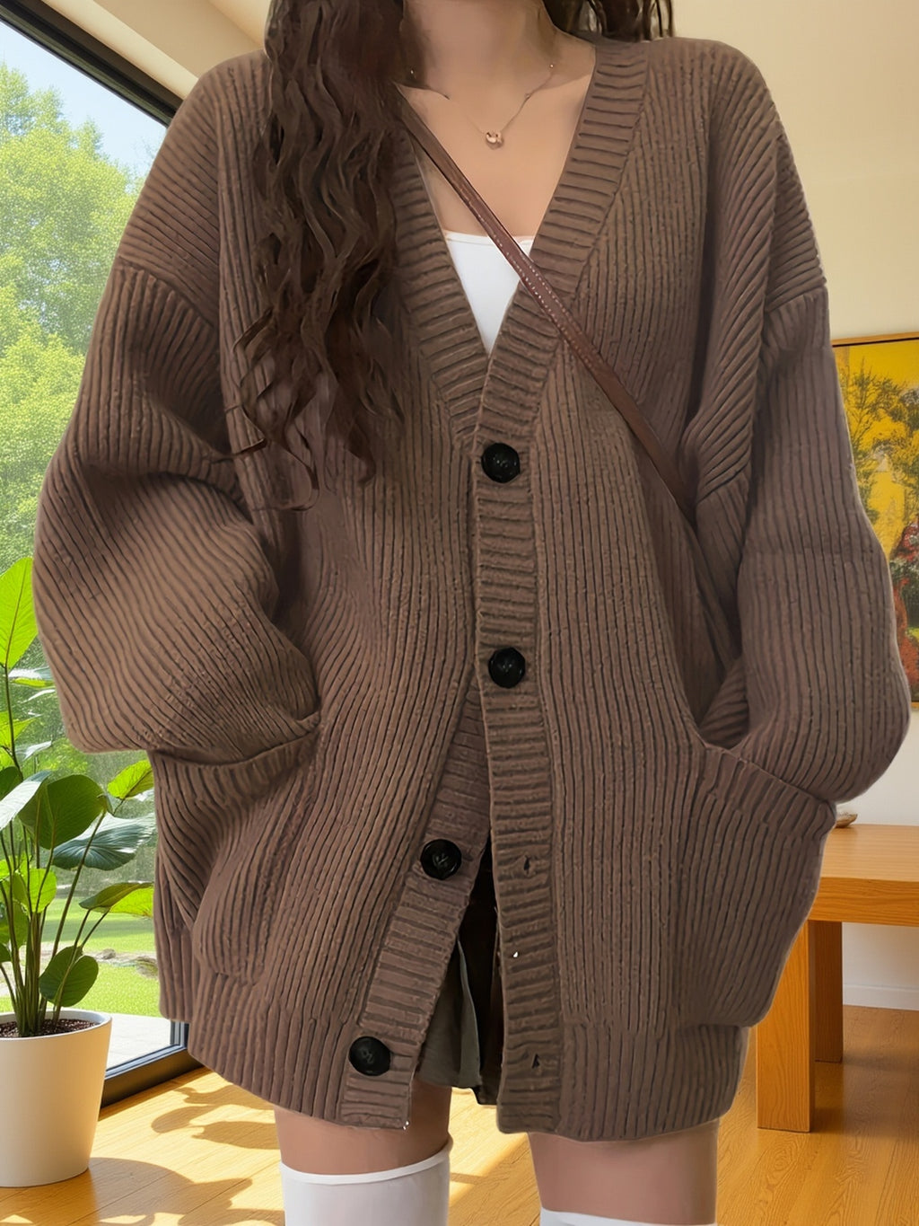 Women's Oversized V-Neck Knit Cardigan – Button Front Soft Sweater for Casual Fall & Winter Layering