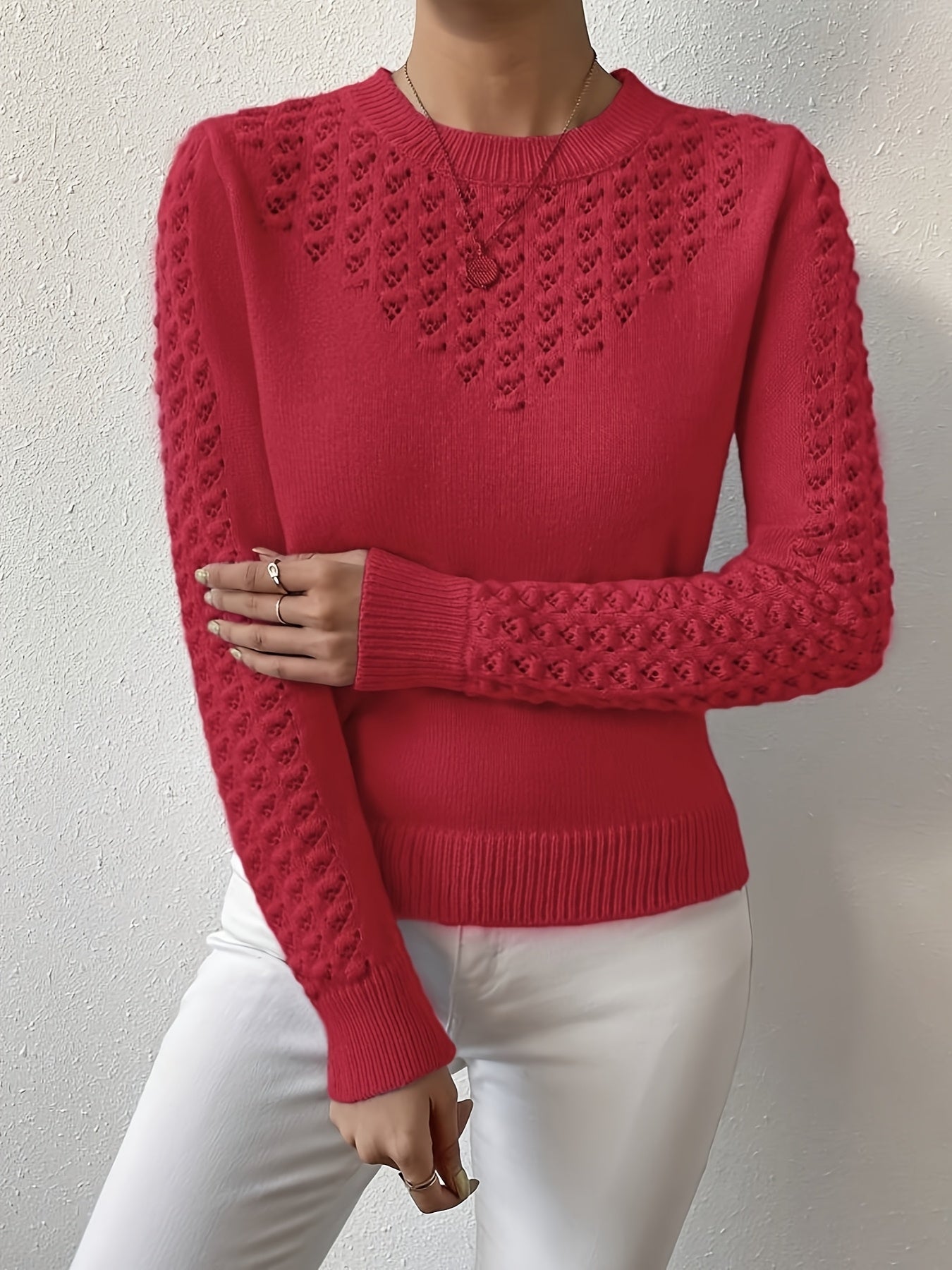 Women's Hollow Knit Cropped Sweater – Lightweight Crew Neck Pullover for Spring, Summer & Fall Casual Wear