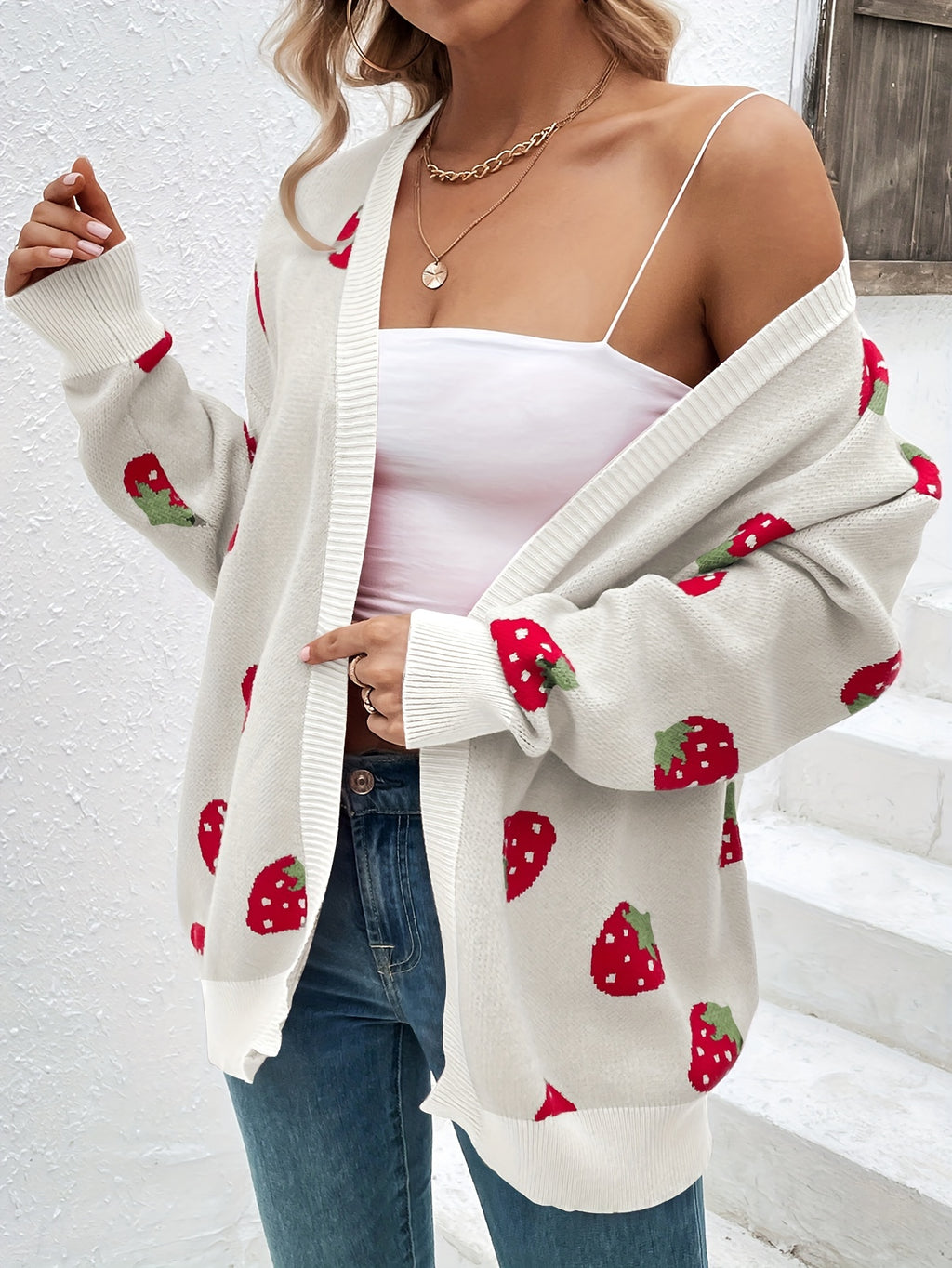 Women's Strawberry Print Open Front Cardigan – Lightweight Long Sleeve Knit Sweater for Casual Spring, Summer & Fall Wear