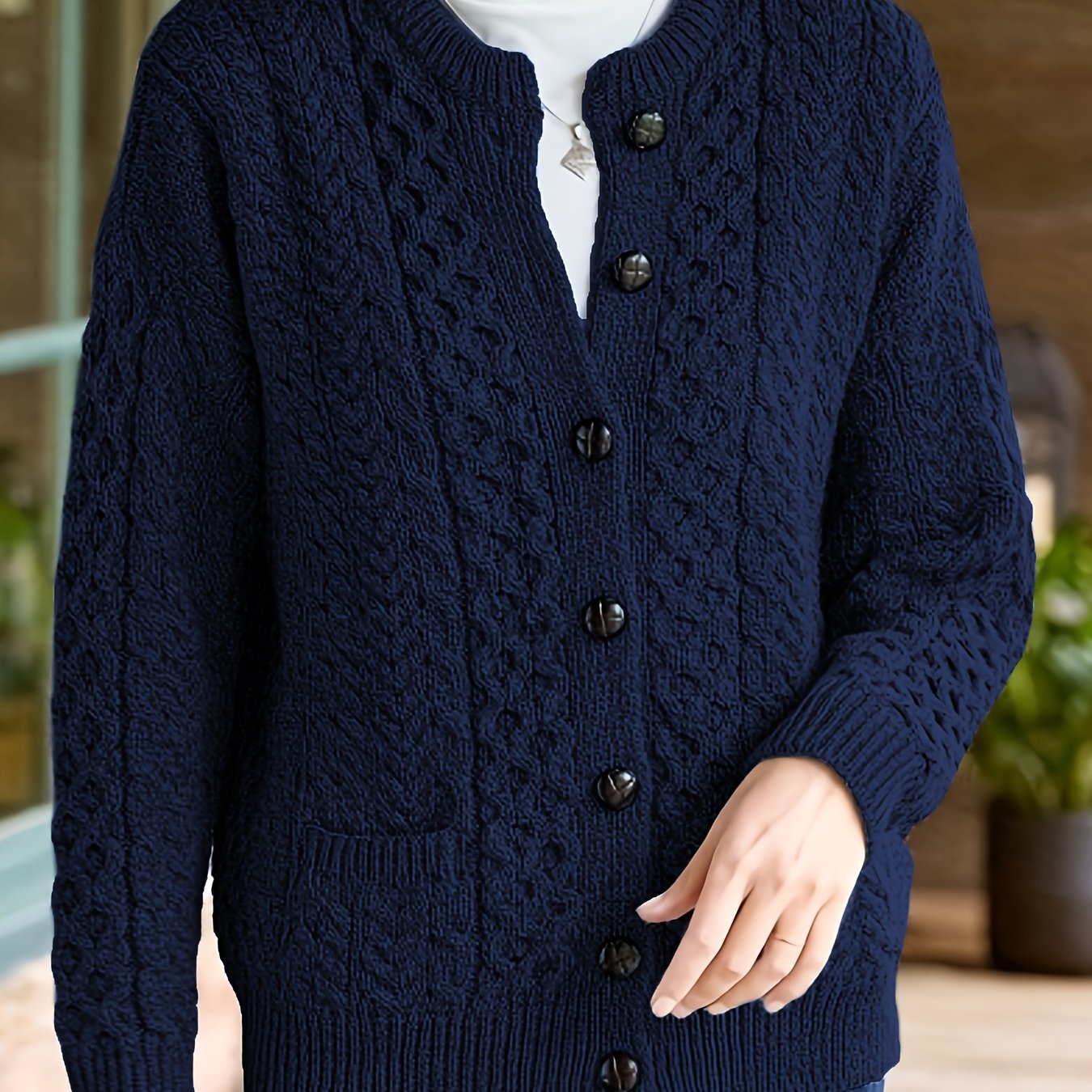 Women's Cable Knit Button Cardigan – Soft Crew Neck Long Sleeve Sweater for Casual Fall & Winter Wear