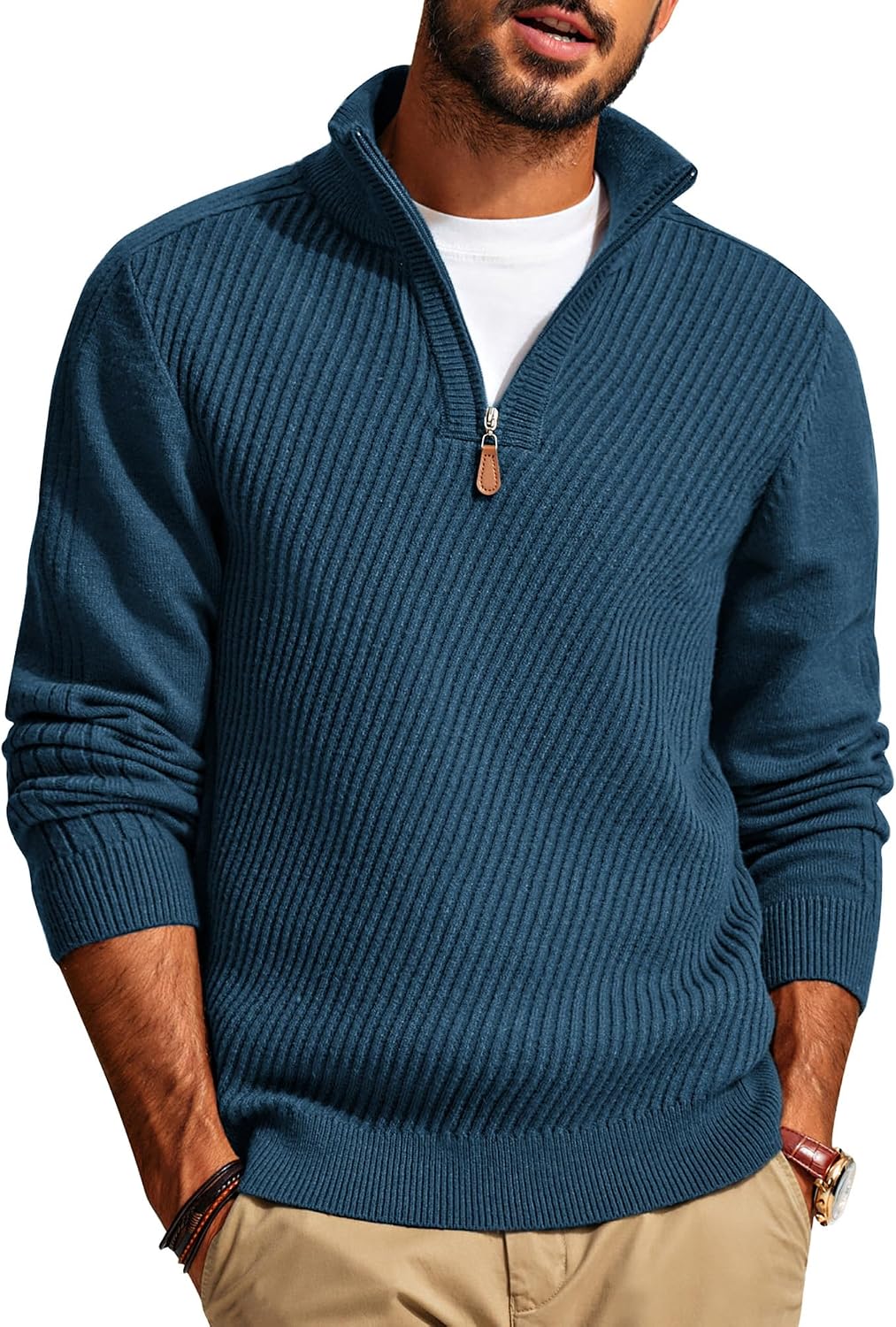 Men's Long Sleeve Textured Pullover with Quarter Zip Knit Sweater