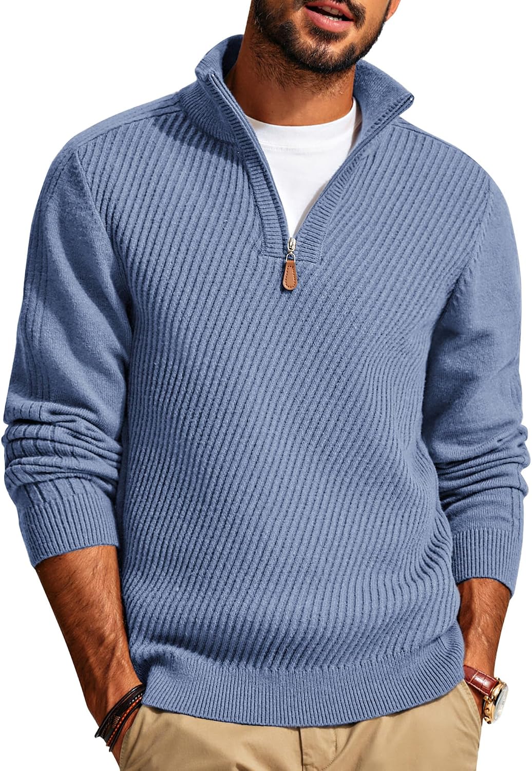 Men's Long Sleeve Textured Pullover with Quarter Zip Knit Sweater