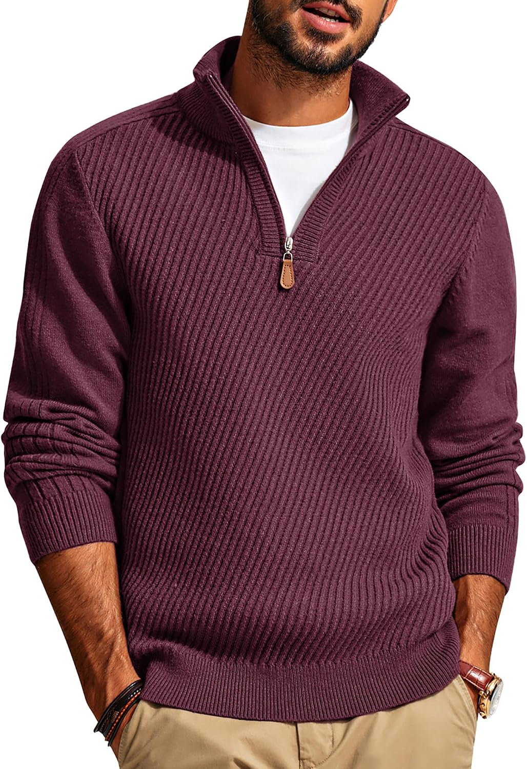 Men's Long Sleeve Textured Pullover with Quarter Zip Knit Sweater