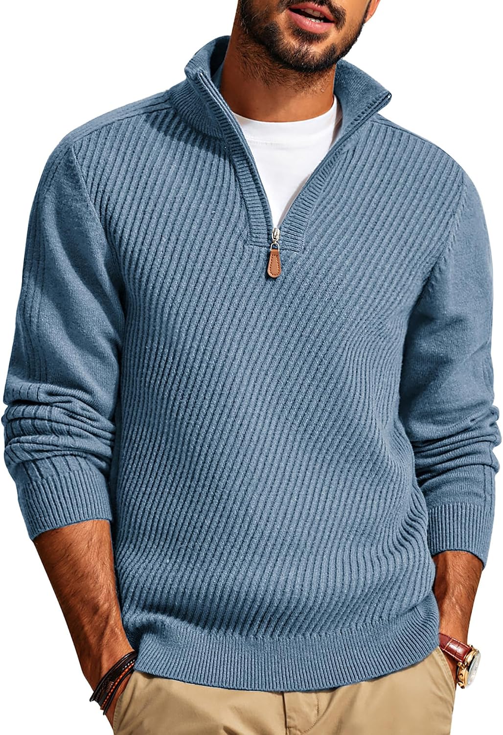 Men's Long Sleeve Textured Pullover with Quarter Zip Knit Sweater