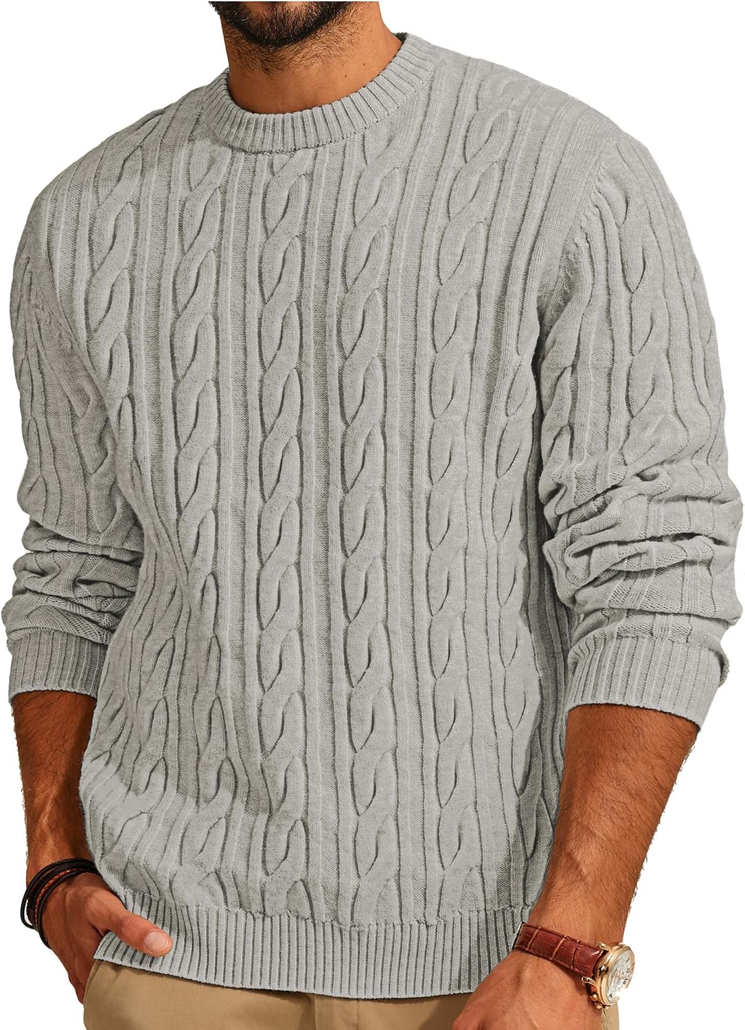 Men's Soft Textured Pullover Knit Jumper with Cable Knit Crew Neck Sweater