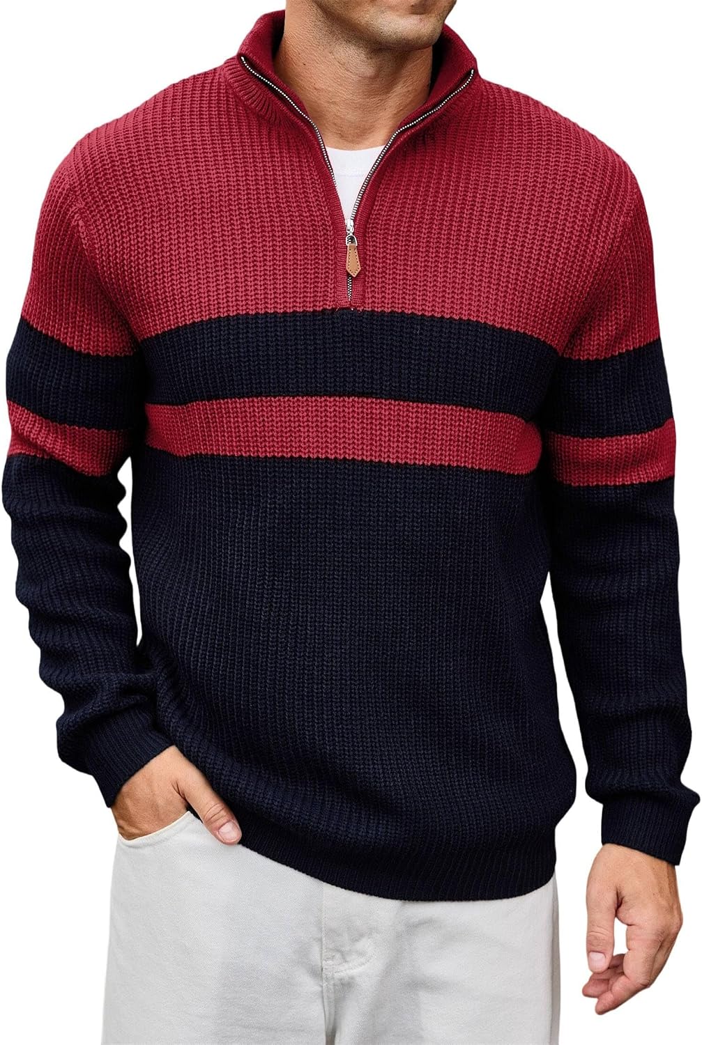 Men's Ribbed Knit Pullover with a Mock Neck and Quarter Zip Color
