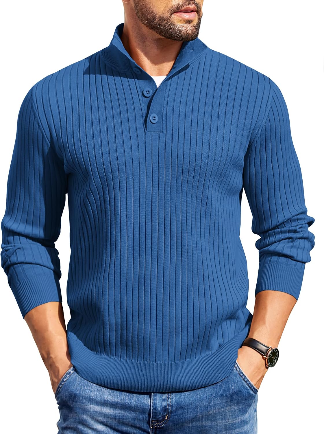 Men's Long Sleeve Ribbed Mock Neck Pullover with Quarter Button Knit