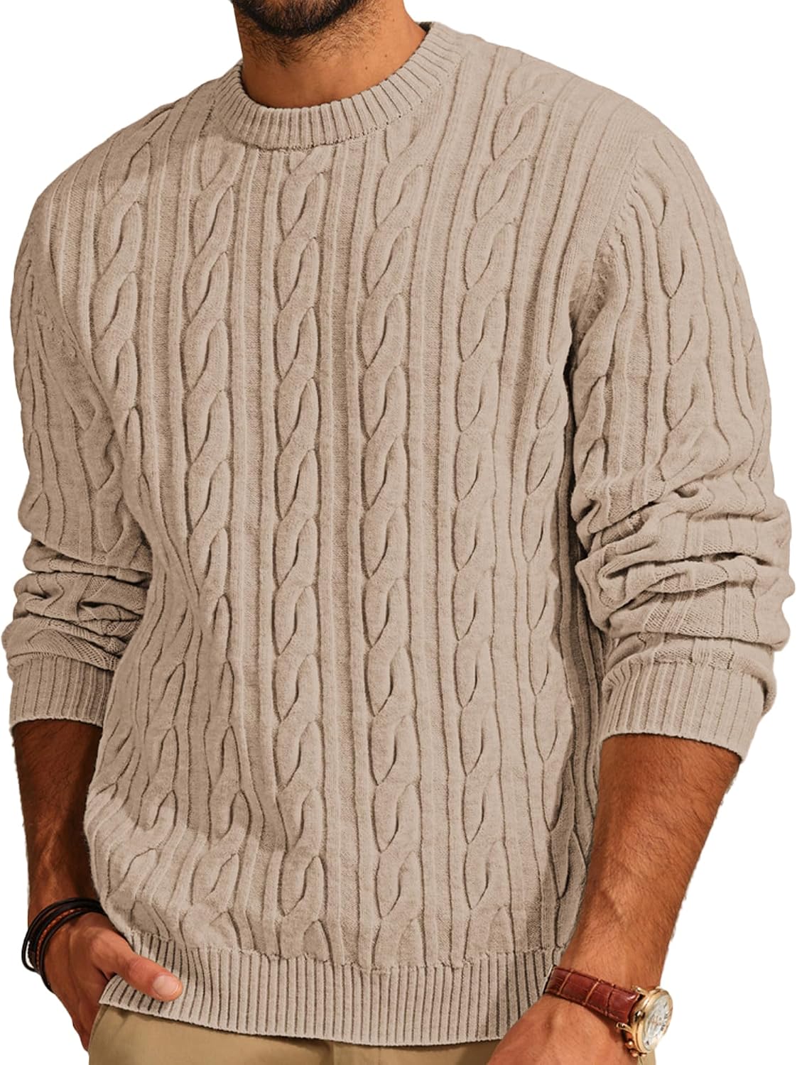 Men's Soft Textured Pullover Knit Jumper with Cable Knit Crew Neck Sweater