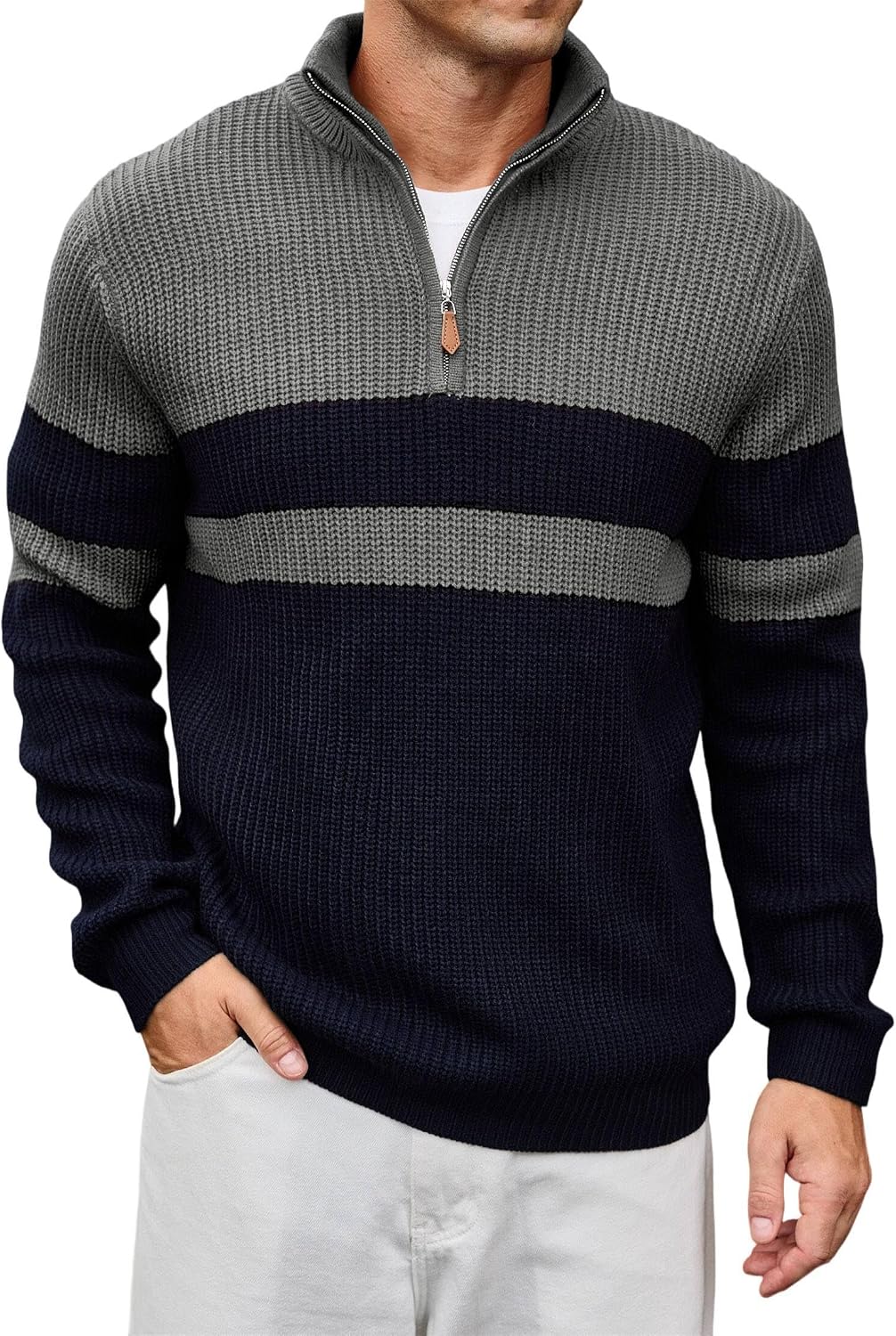 Men's Ribbed Knit Pullover with a Mock Neck and Quarter Zip Color