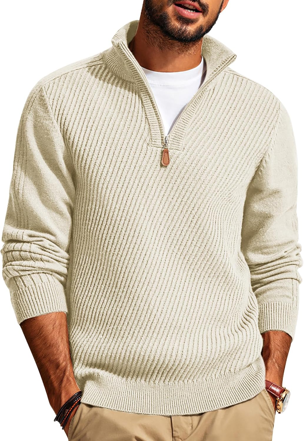 Men's Long Sleeve Textured Pullover with Quarter Zip Knit Sweater